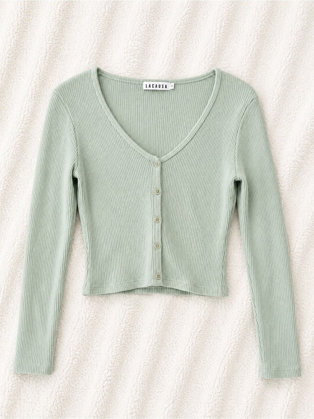 LACAUSA Cropped Ribbed Button-Up Top in Mint